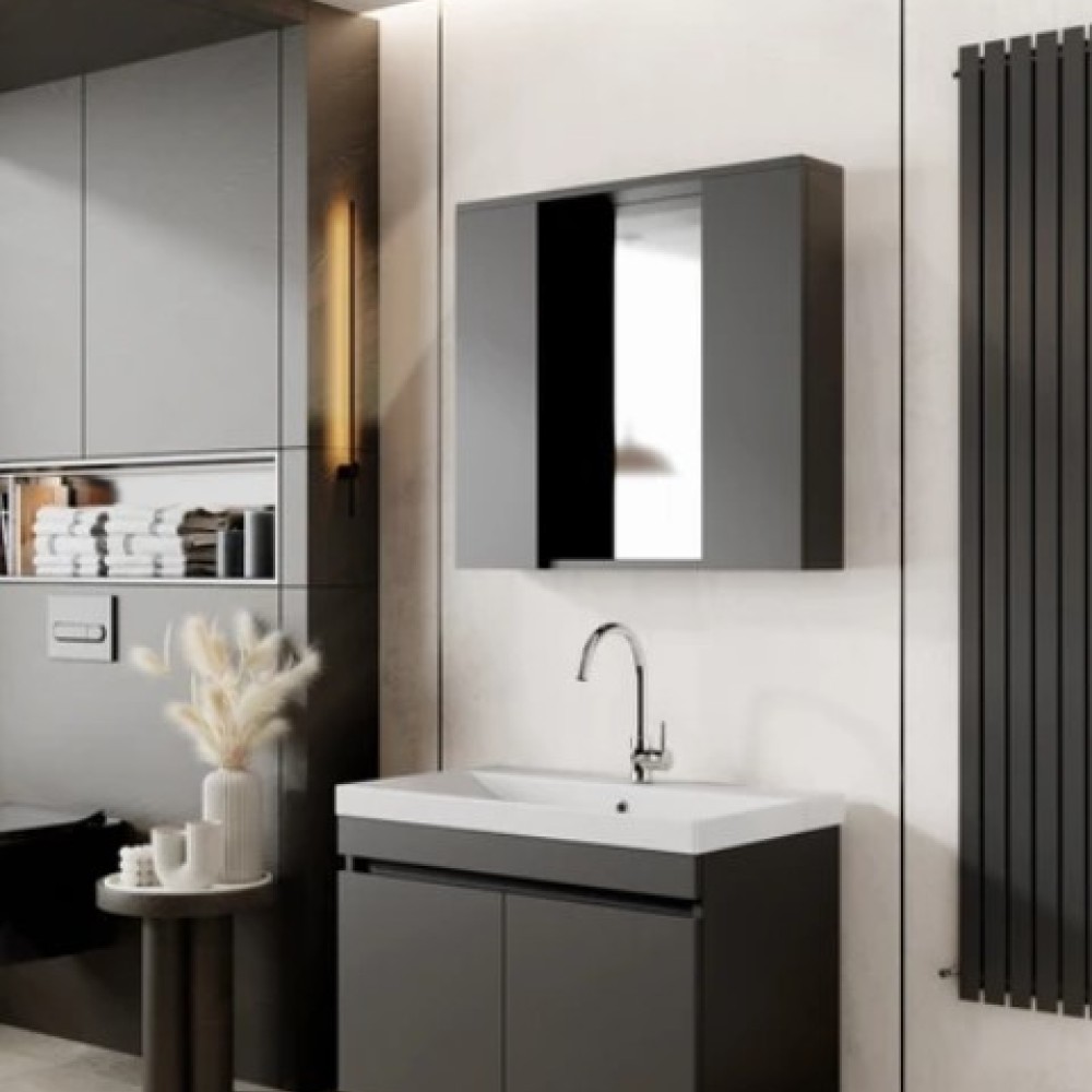 Arya Bathroom Cabinet Set 80 Cm, Matte Anthracite, Sink Included, 